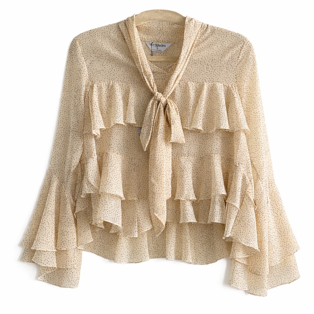 Rita Ora x Primark Cream Polka Dot Ruffle Blouse NWT – Romantic Bow Tie Top